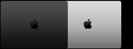 Parte de cima do MacBook Pro preto-espacial fechado e parte de cima do MacBook Pro prateado fechado