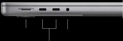 Lado esquerdo do MacBook Pro prateado com chip M6 fechado mostrando as seguintes portas: MagSafe 3, duas portas Thunderbolt 4 e entrada para fones de ouvido de 3,5 mm