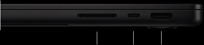 Lado direito do MacBook Pro com chip M5 Pro ou M5 Max preto-espacial fechado mostrando três portas: SDXC, Thunderbolt 5 e HDMI