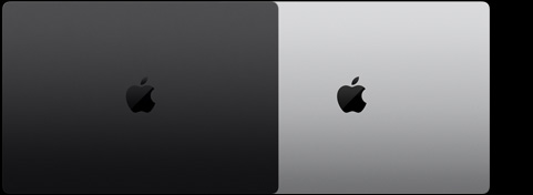 Parte externa de dois modelos de MacBook Pro de 16 polegadas mostrando as duas cores disponíveis.