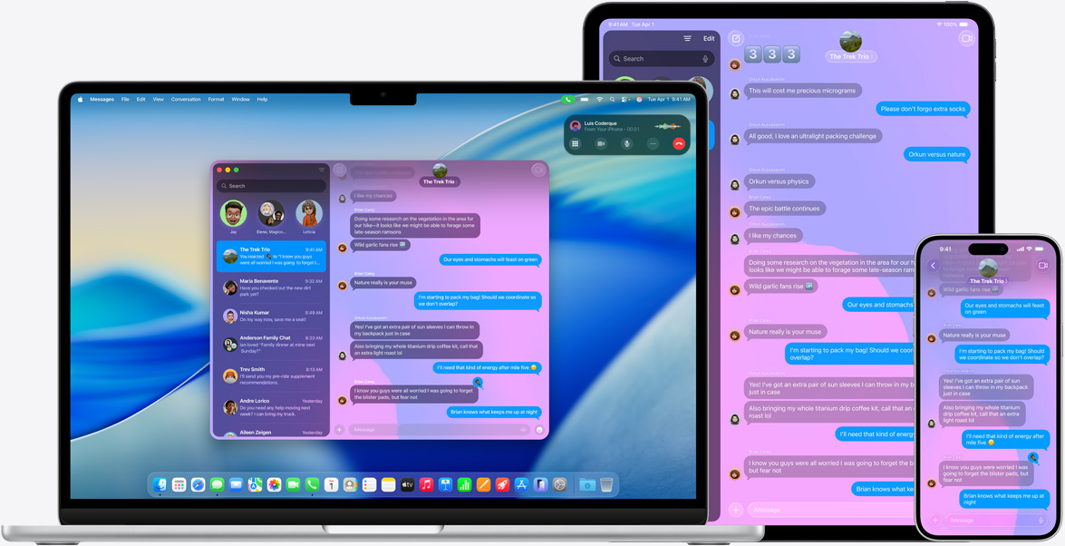 Apple products: 15-inch MacBook Air, 13-inch iPad Pro and iPhone 16 Plus, the same iMessage conversation displayed on each screen