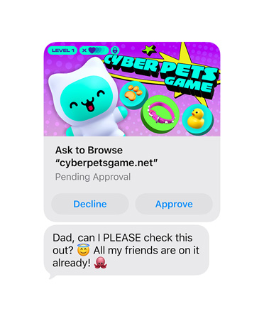 Ein Display zeigt eine Textnachricht mit einem Bildschirmfoto von cyberpetsgame.net, Tasten zum Ablehnen und Genehmigen unter der Grafik, Text der Nachricht: Papa, darf ich mir das ansehen? Alle meine Freund:innen sind schon drin