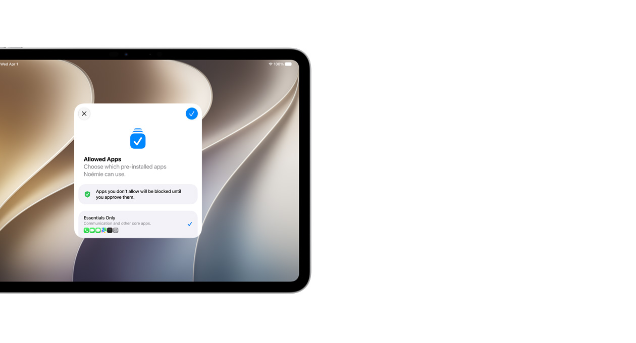 11" iPad Pro, Silber, das Display zeigt Apps für den Systemassistenten mit einer Auswahl an Apps, die Eltern für ihr Kind auswählen können