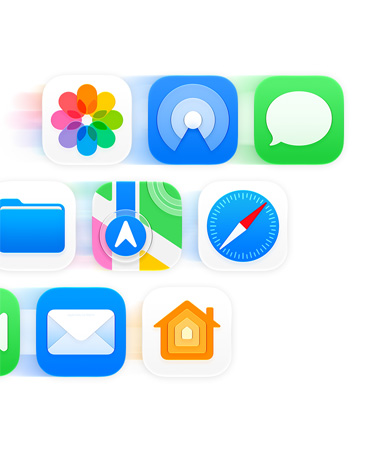 Ein Raster aus App Symbolen, darunter Nachrichten, Safari und Mail