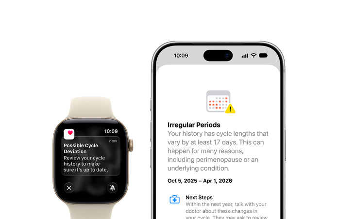 Notificación de la funcionalidad Control del Ciclo de la app Salud sobre una posible alteración del ciclo en el Apple Watch Series 12 con correa deportiva color arena y caja de aluminio color oro claro y un iPhone 18 Pro