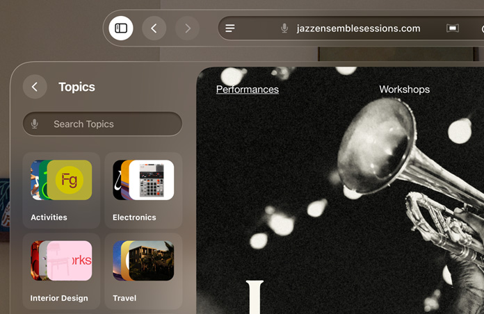 Apple&nbsp;Vision&nbsp;Pro مع صفحة سفاري مفتوحة وقائمة القراءة مجمّعة بحسب المواضيع