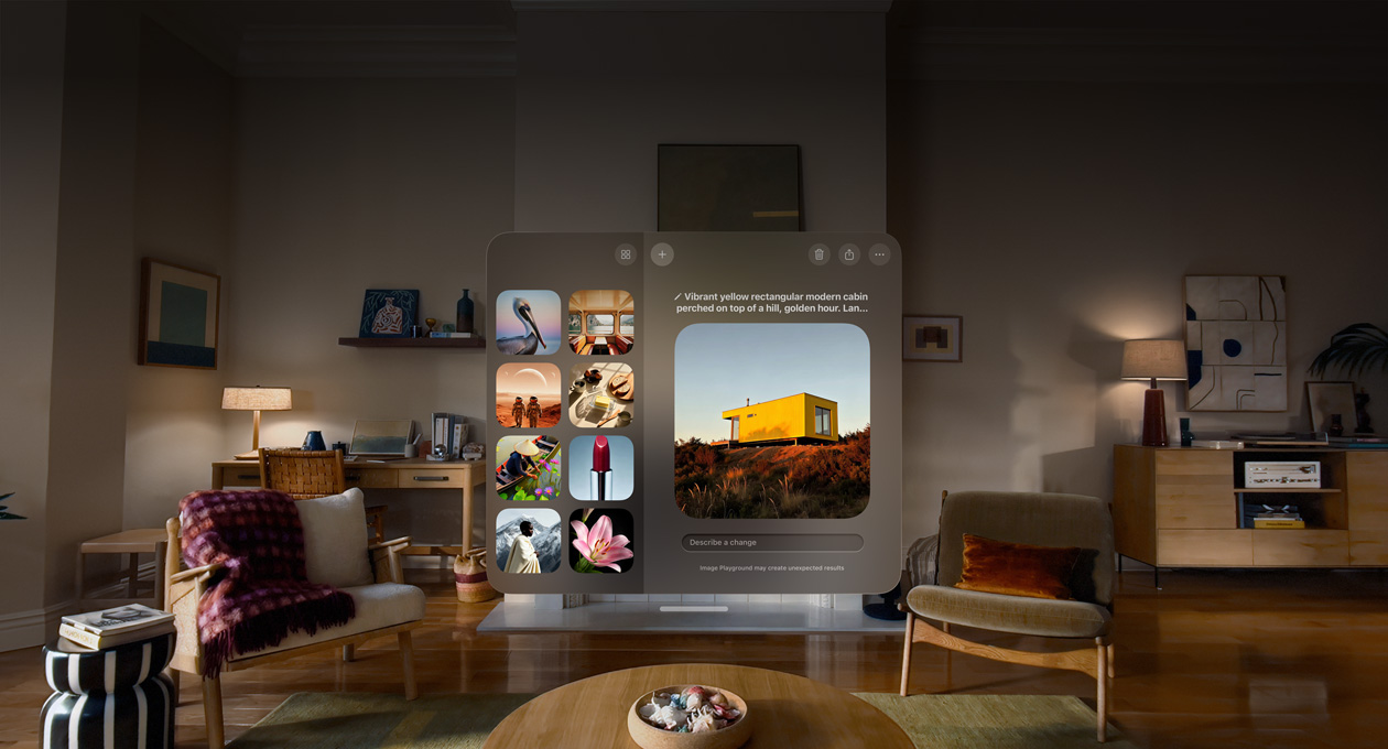 عرض من خلال Apple&nbsp;Vision&nbsp;Pro لتطبيق عالم الصور أثناء استخدامه، صورة لكوخ أصفر اللون على رأس تلة قيد التعديل، نص تحت الصورة يقول: صِف التغيير