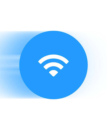 파란색 Wi-Fi 아이콘 뒤로 빠른 연결 속도를 나타내는 파란빛 궤적이 표시되어 있습니다.