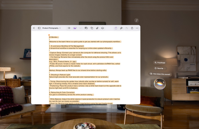 Apple Vision Pro 화면. 사진 촬영 기법에 관한 문서가 열려 있고, 그 옆에는 ‘교정하기’, ‘다시 쓰기’, ‘이렇게 쓰면 어때?’ 등의 Siri 글쓰기 프롬프트가 표시되어 있습니다.