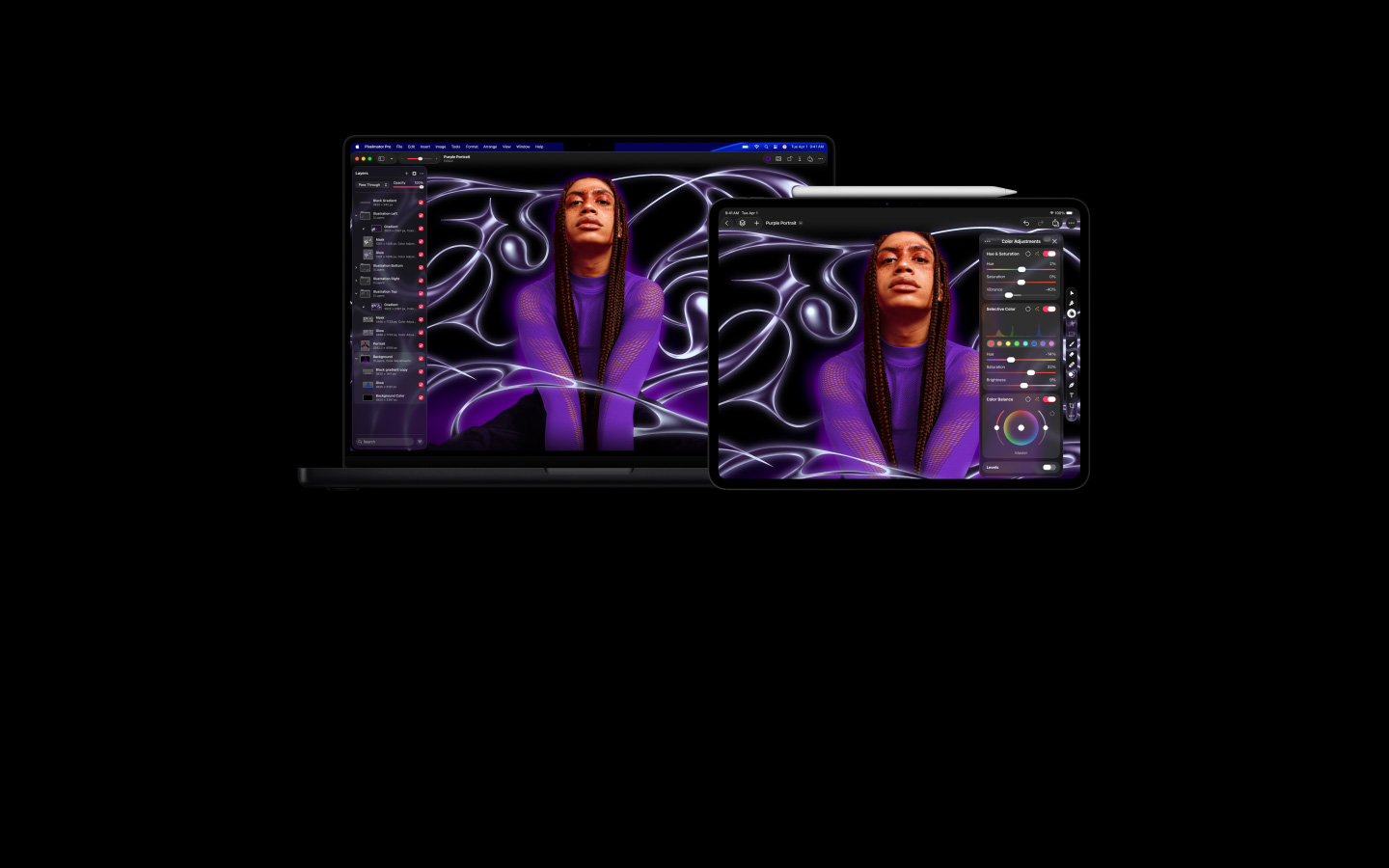 Image of person with braids and wearing a purple sweater with stylised abstract background, moves into MacBook Pro 16 and iPad Pro 13 devices, screens show the Pixelmator Pro workspace with layers panel on the side, image editing