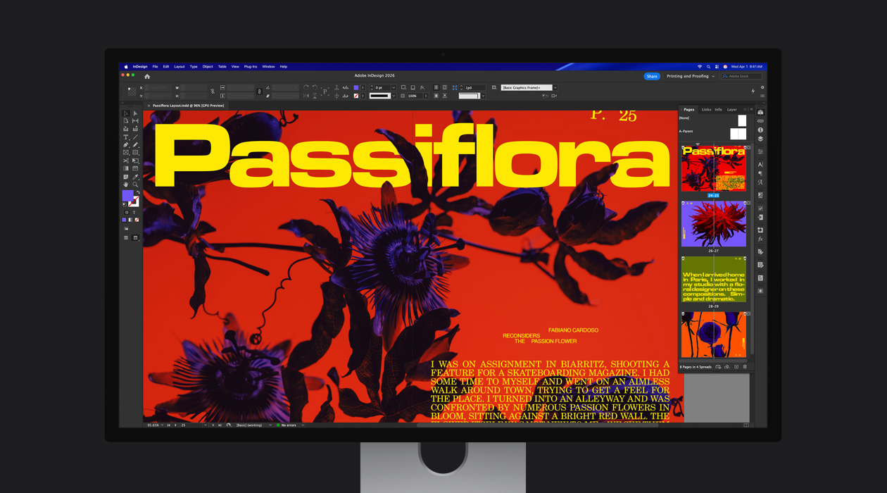 Dans un fichier Adobe InDesign 2026, une page de magazine éclatante met en valeur l’espace de couleur P3 + Adobe RGB