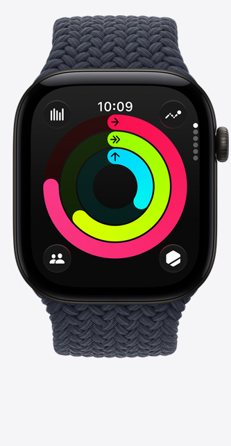 Apple Watch Series 12, Aluminiumgehäuse, Farbe Schwarz, Aktivitätsringe: Bewegen, Trainieren, Stehen, Digital Crown, Geflochtenes Solo Loop Armband, Farbe Navyblau