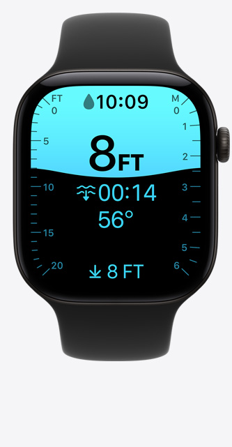 Apple Watch Series 12, Aluminiumgehäuse, Farbe Schwarz, Display mit Tiefe App, Tauchgang bei 2,4 Metern, Sportarmband, Farbe Schwarz