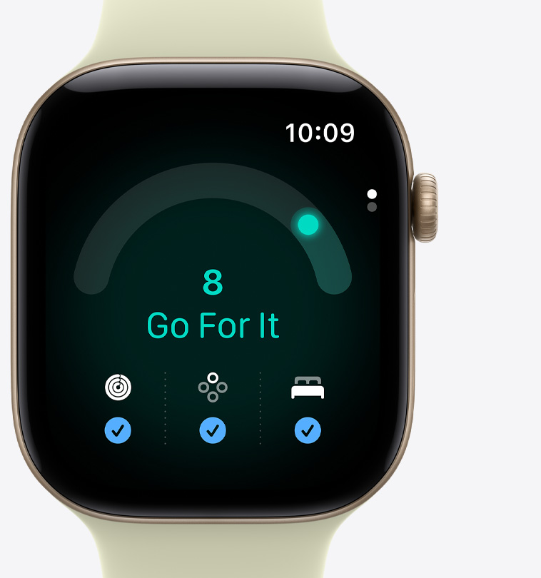 Apple Watch Series 12, Aluminiumgehäuse, Farbe Lichtgold, Tagesform App, Tagesformwert bei 8, Text «Leg los», Aktivitätsringe, Vitalzeichen und Schlafindex Messwerte mit blauen Häkchen am unteren Displayrand