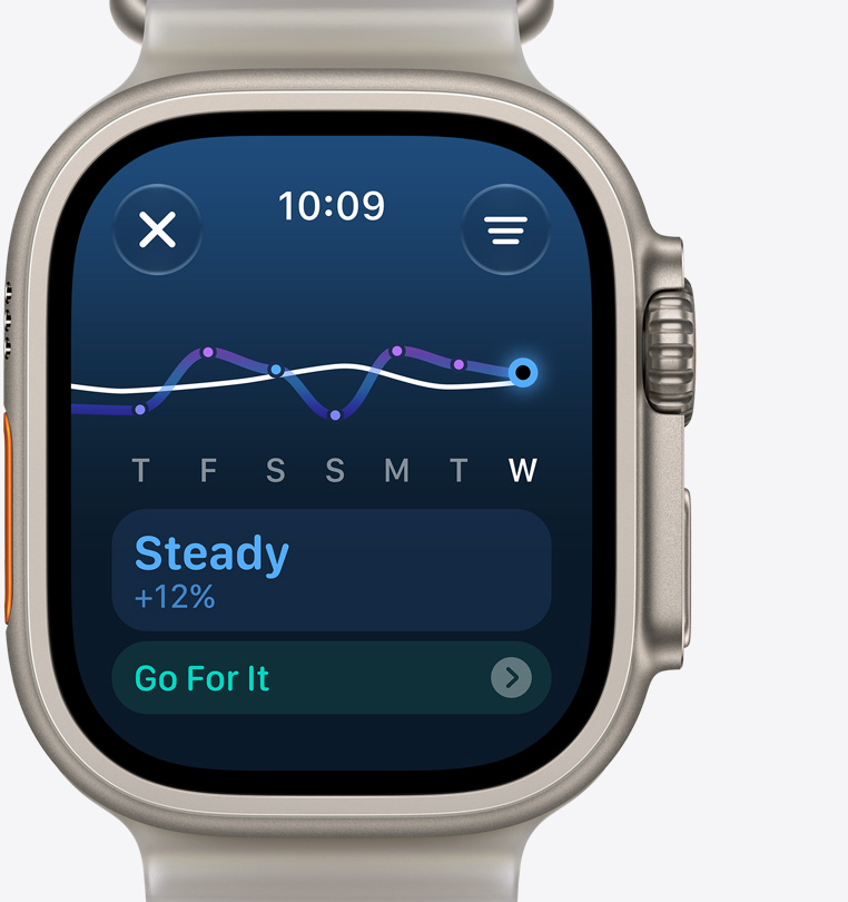 Apple Watch Ultra 4, Display mit Trainingsbelastung zeigt gleichmässigen Anstieg, Titangehäuse, Farbe Natur, verbunden mit Ocean Armband, Farbe Halbtransparentes Grau