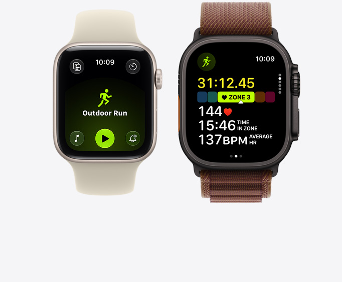 Apple Watch Series 12, pouzdro ze světle zlatého hliníku, otevřené cvičení Běh venku s ovládáním přehrávání hudby, Apple Watch Ultra 4, pouzdro z černého titanu, otevřené cvičení Běh, tepová frekvence ve třetí zóně