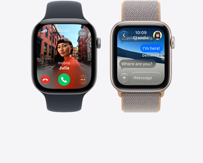 Apple Watch Series 12 Geräte, die Displays zeigen: eingehenden Anruf, Kontaktfoto, Tasten zum Annehmen und Ablehnen von Anrufen, iMessage Unterhaltung, verbunden mit Sportarmband, Farbe Schwarz, Sport Loop, Farbe Chambrayblau (hellblau-grau)