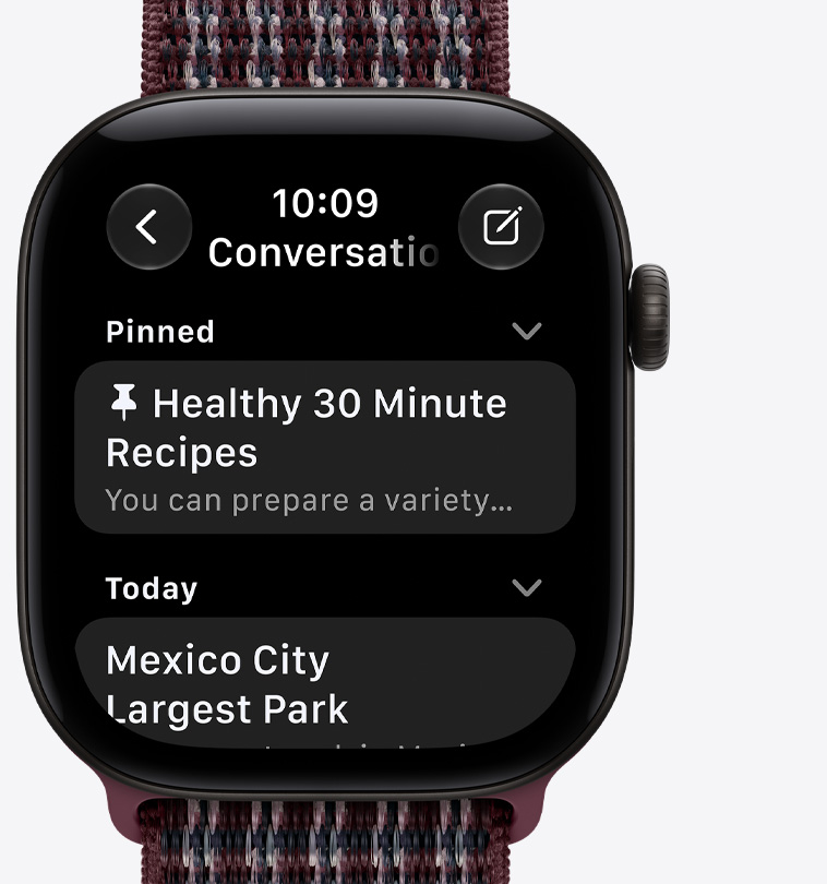 Apple Watch Series 12, Aluminiumgehäuse, Farbe Schwarz, Bildschirm mit angepinnten Unterhaltungen, Sport Loop Armband, Farbe Burgunder Kariert