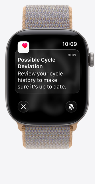 Apple Watch Series 12, das Display zeigt das Zyklusprotokoll in der Health App, Mitteilung: Mögliche Zyklusabweichung, Aluminiumgehäuse, Farbe Space Grau, verbunden mit Sport Loop Armband, Chambrayblau (hellblau-grau)
