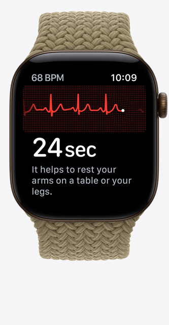 Apple Watch Series 12, Aluminiumgehäuse, Farbe Dunkelbronze, EKG App, Herzrhythmus-Linie und Timer, Geflochtenes Sport Loop, Farbe Oliv (helles Erdgrün)