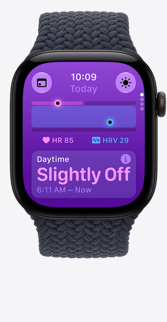 Apple Watch Series 12, Aluminiumgehäuse, Farbe Schwarz, Vitalzeichen App, Diagramm mit Gesundheitsbewertung, aktuelle Herzfrequenz Schläge pro Minute, Messung am Tag zeigt leicht abweichende Vitalzeichen, Geflochtenes Solo Loop Armband, Farbe Navyblau