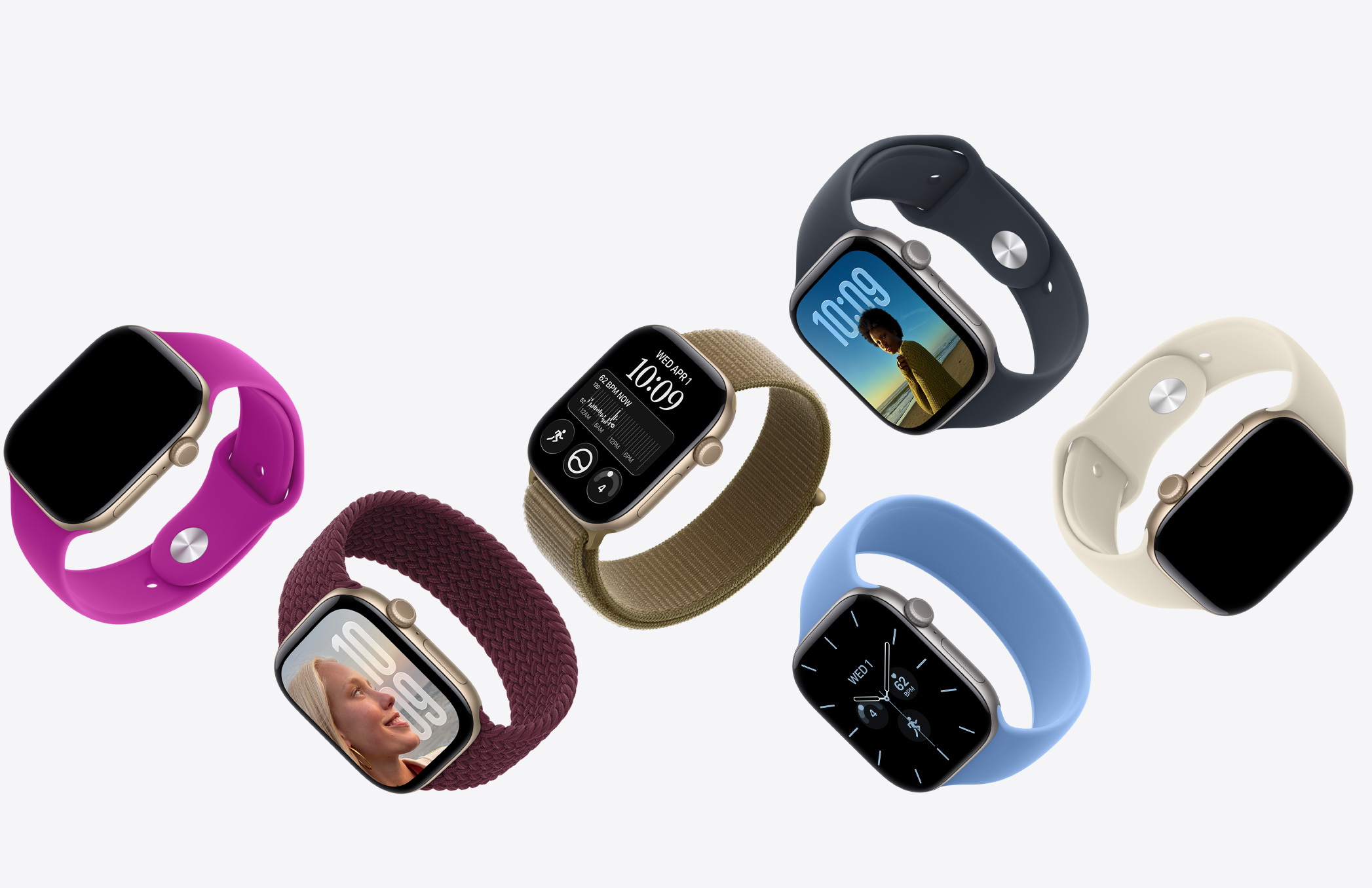 Apple Watch Geräte, verschiedene Zifferblätter und Gehäusematerialien, kombiniert mit verschiedenen farbigen Armbändern