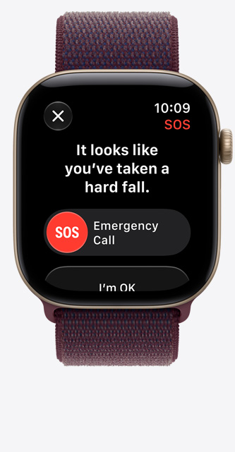 Apple Watch Series 12, das Display zeigt die Mitteilung bei schwerem Sturz, Notruf Option, Aluminiumgehäuse, Farbe Lichtgold, verbunden mit Sport Loop Armband, Farbe Burgunder