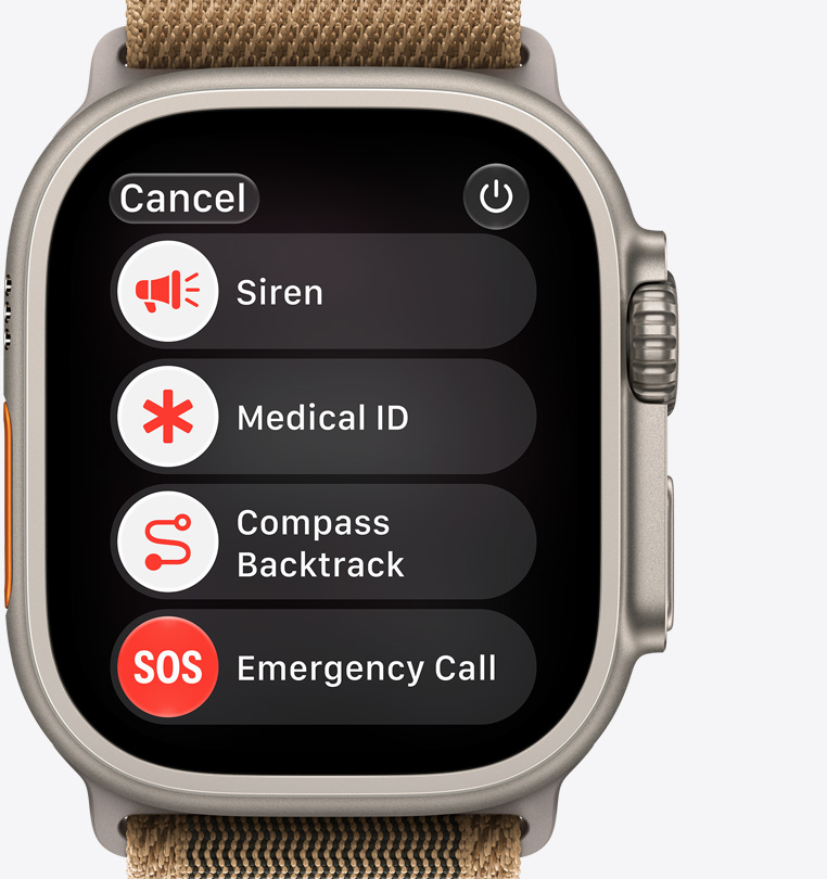 Apple Watch Ultra 4, Titangehäuse, Farbe Natur, Optionen für den Notruf auf dem Display: Sirene, Notfallpass, Kompass Backtrack, Notruf