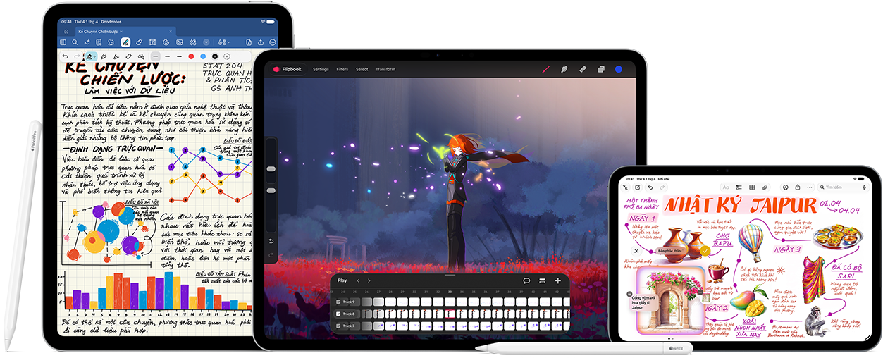 Hình ảnh Apple Pencil Pro và Apple Pencil USB-C kế bên nhiều thiết bị iPad hiển thị ví dụ các ghi chú viết tay và các hình minh họa đầy màu sắc được tạo bởi Apple Pencil.