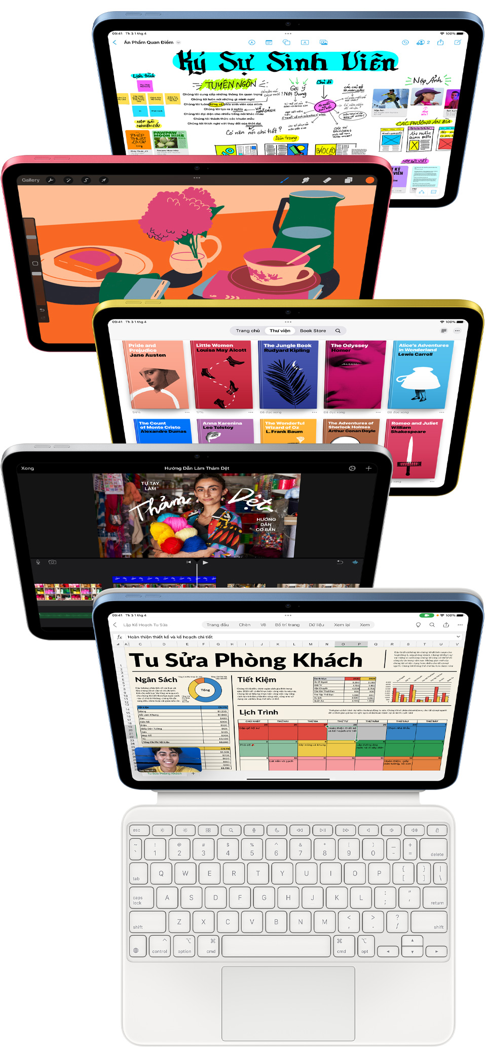 Mặt trước màn hình iPad hiển thị nhiều ứng dụng, bao gồm Freeform, ProCreate, Apple Books, iMovie, Microsoft Excel với Webex Meetings.
