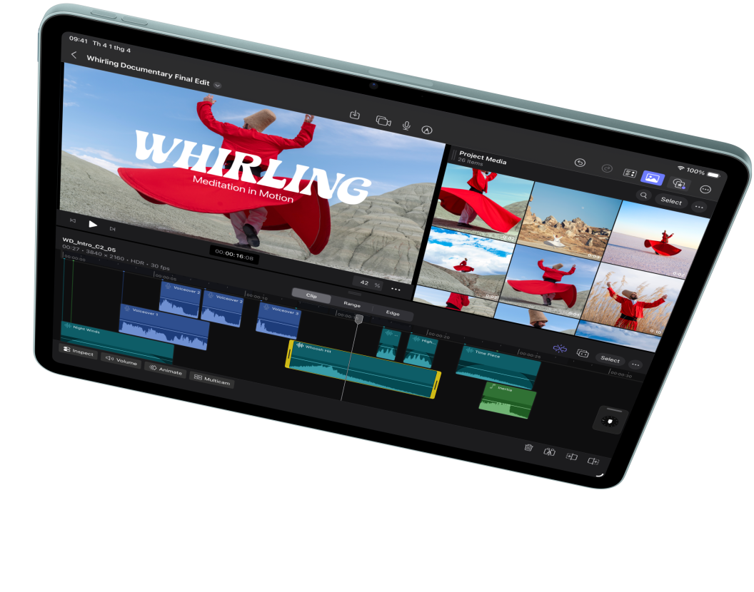 iPad Air nằm ngang, hiển thị tác vụ chỉnh sửa video trong Final Cut Pro