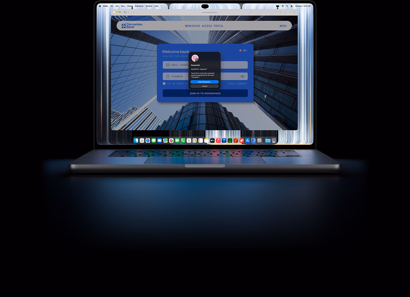MacBook Pro với Màn hình PROLED XDR, một cửa sổ Safari nhỏ hiển thị lời nhắc cho người dùng sử dụng Touch ID hoặc nhập thông tin xác thực để đăng nhập vào trang web