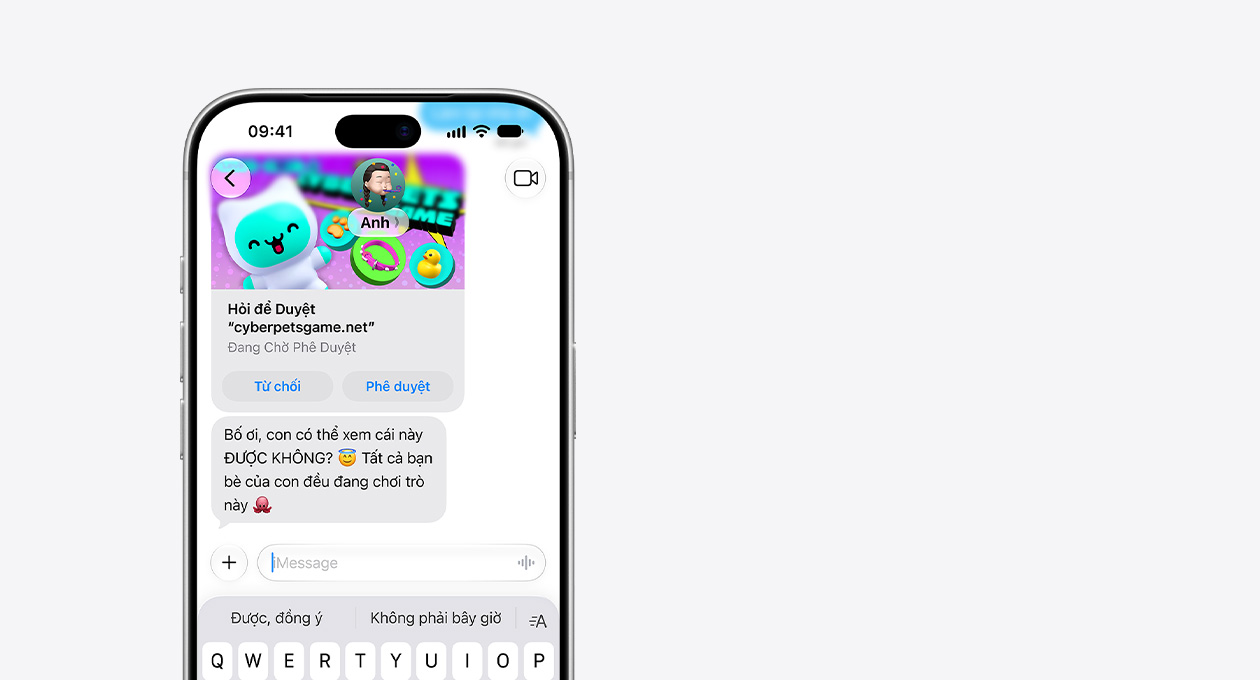 iPhone 18 Pro, Silver, top two-thirds visible, front screen shows text message with cyberpetsgame.net screengrab, Decline and Approve buttons under graphic, message text, Dad, can I please check this out, all my friends are on it already