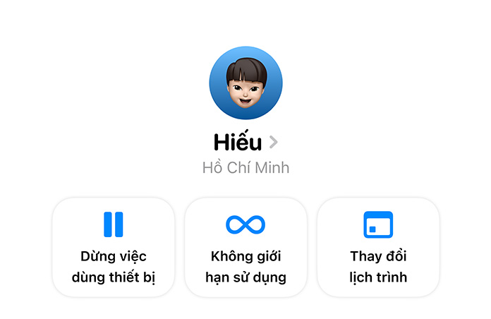 Tùy chọn ứng dụng Cài Đặt cho phụ huynh Tạm Dừng Việc Sử Dụng Thiết Bị, Cho Phép Sử Dụng Không Giới Hạn hoặc Thay Đổi Lịch Trình cho trẻ